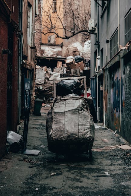 A narrow urban alleyway filled with an accumulation of waste and rubbish. In the foreground, there is a large, grey, wheeled refuse sack made of durable fabric, positioned centrally with the handle loop visible at the top. Behind the sack, a collection of cardboard boxes, some flattened and others partially collapsed, are stacked haphazardly against a cluttered backdrop of additional trash bags and discarded items. The alley's ground appears grimy and stained, with scattered debris and patches of dark grime. On the left side, remnants of graffiti and weathered, rusted metal surfaces of nearby structures are visible, while on the right, the side of a building with grey, barred windows and a metal ventilation unit can be seen. Distant, leafless trees and alludes to an older city setting, with muted natural light casting a dull atmosphere over the scene. The environment suggests a location suitable for private waste collection and rubbish removal services, such as those offered by Rubbish Removal Belgravia, with an emphasis on managing waste accumulation in urban back alleys.